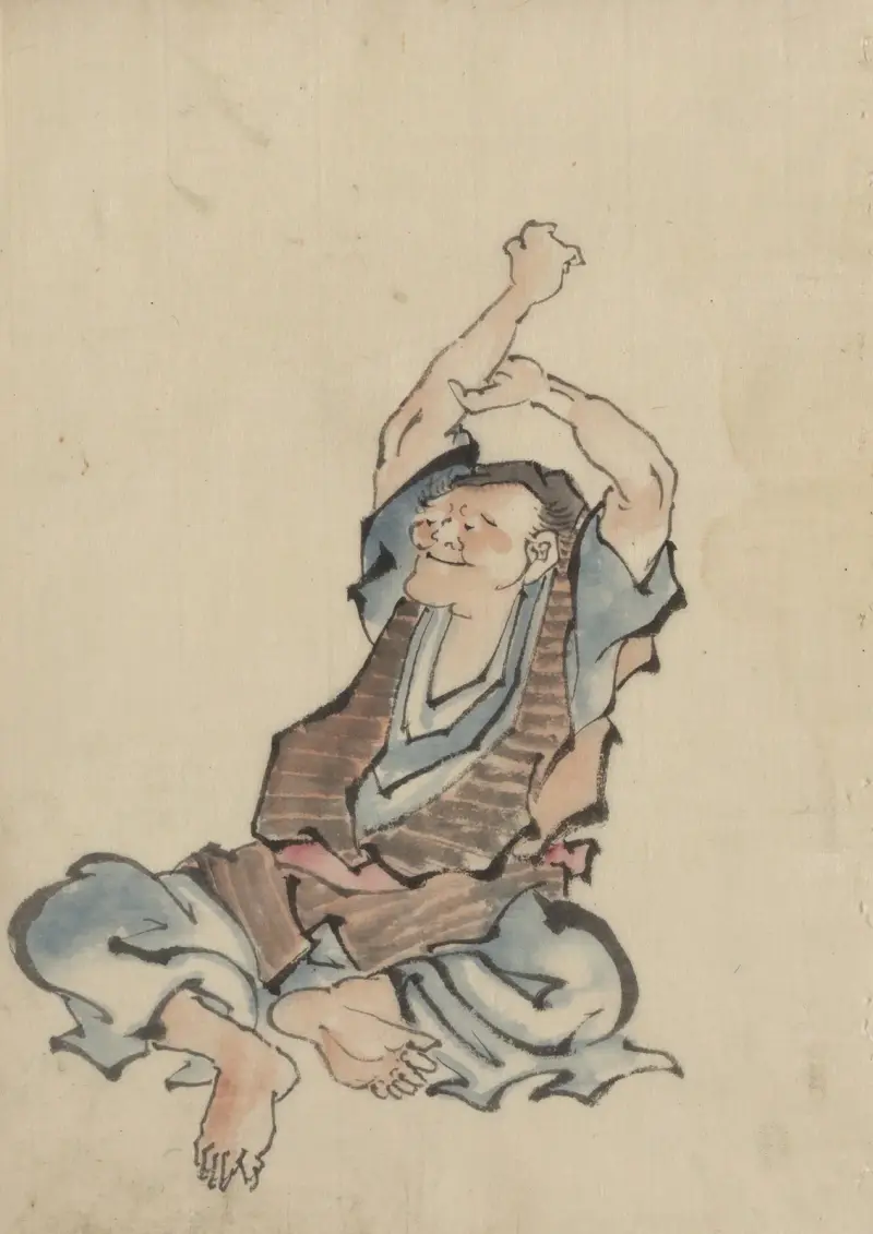 A man, facing left, wearing several layers of clothing, sitting with arms raised over his head, practicing yoga av Katsushika Hokusai
