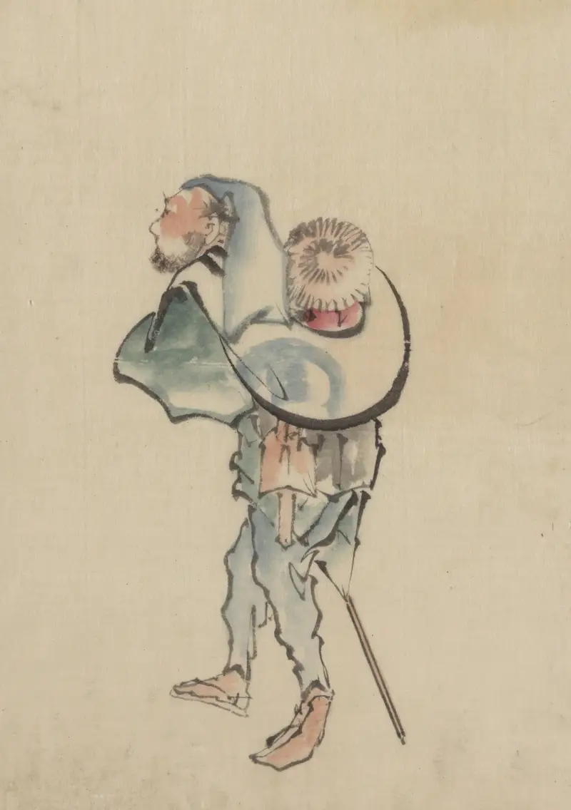 Ein nach links gehender Mann, mit einem großen Hut auf dem Rücken und Sandalen, einen kurzen Stock haltend, der möglicherweise zum Staken eines Bootes verwendet wird von Katsushika Hokusai
