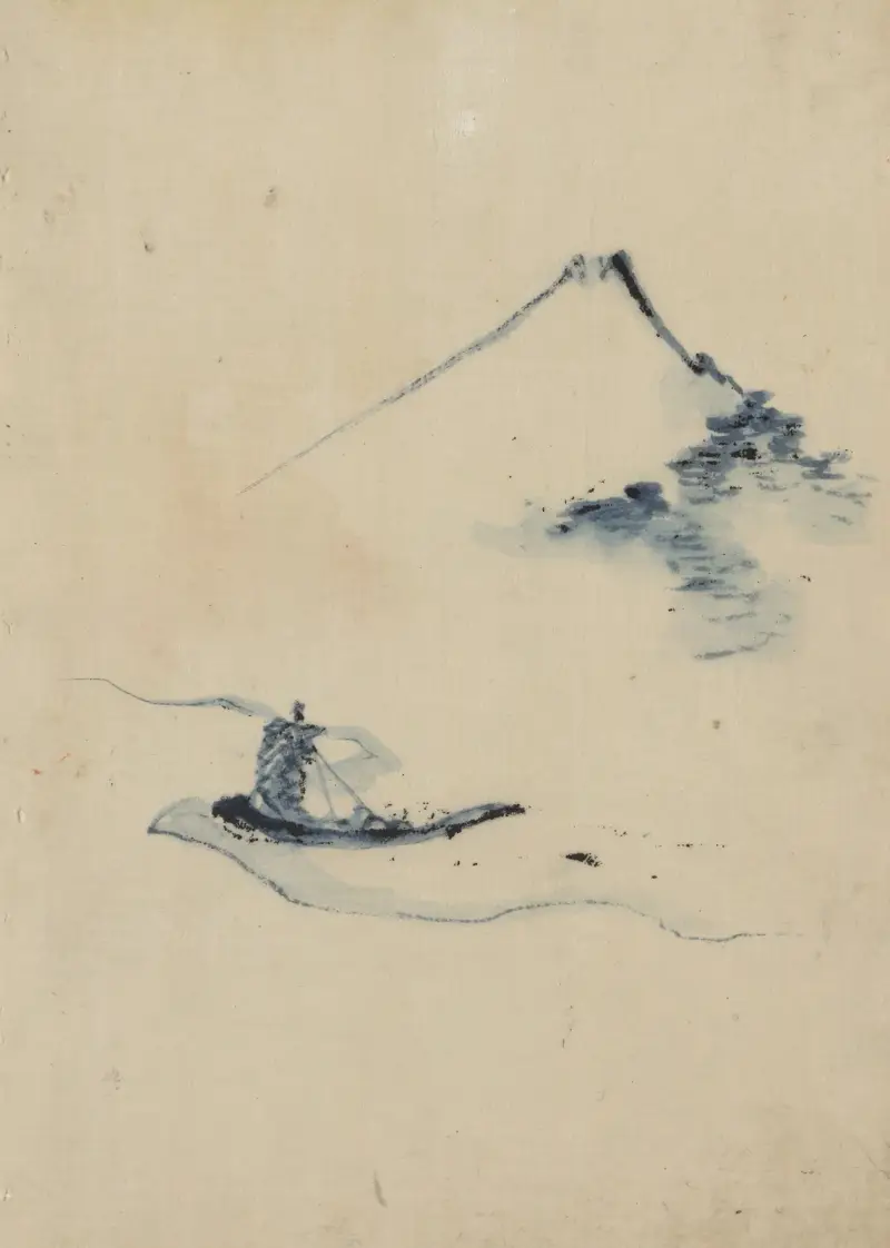 En person i en liten båt på en flod med berget Fuji i bakgrunden av Katsushika Hokusai