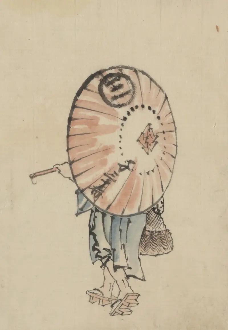 Osoba idąca w lewo, w większości zasłonięta przez otwartą parasolkę noszoną na ramieniu, Katsushika Hokusai