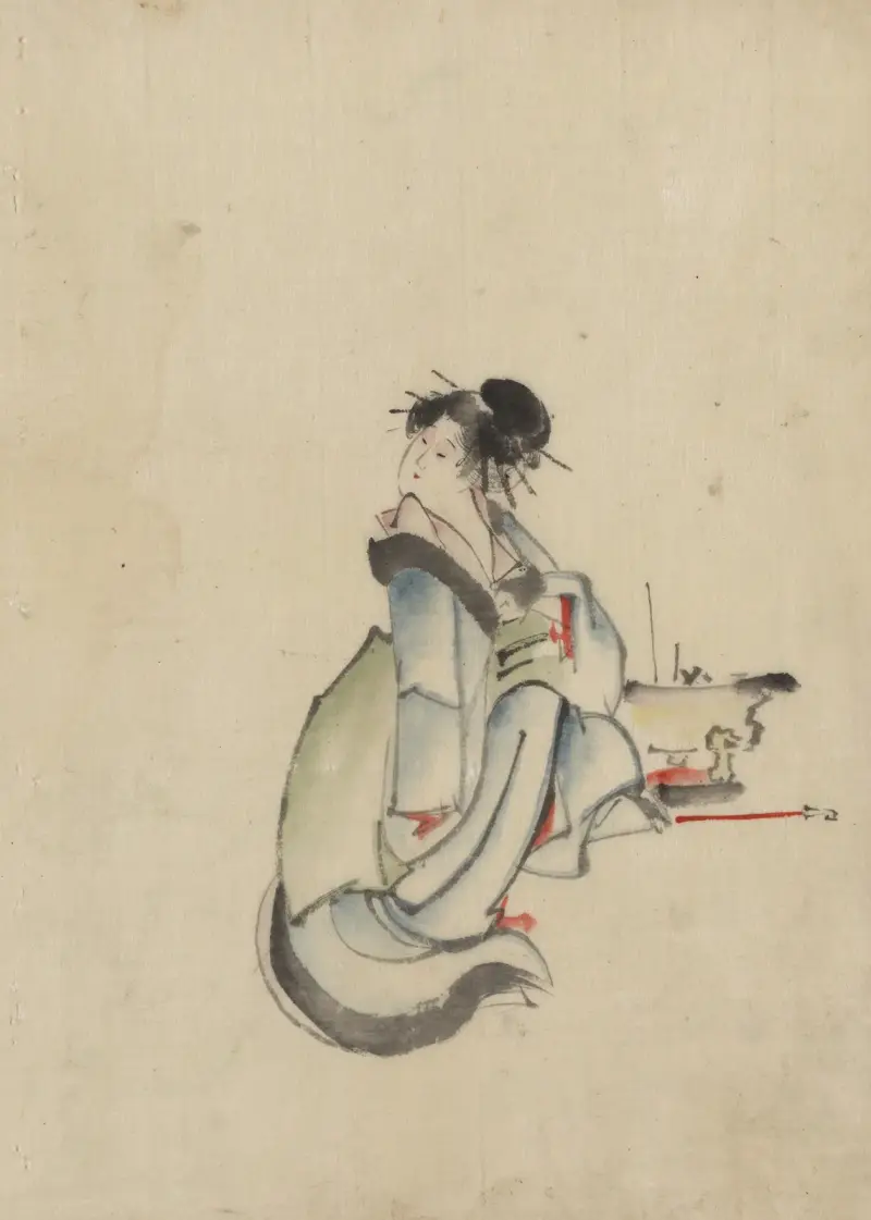 En kvinna, möjligen en kurtisan, sittande, vänd mot höger, med huvudet vänt för att se tillbaka över sin högra axel, med flera hårpinnar av Katsushika Hokusai