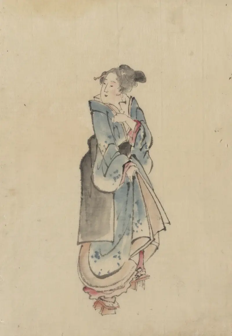 Kvinna som går åt höger i kimono och geta av Katsushika Hokusai