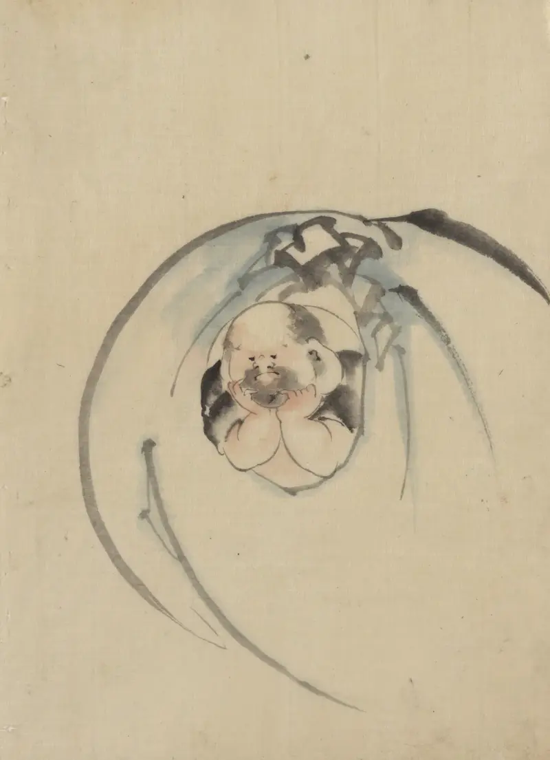 Hotei, lyckoguden, en av de sju lyckogudarna, framifrån med huvudet vilande i händerna av Katsushika Hokusai