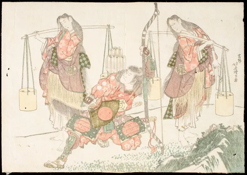 Minamoto no Tametomo and Two Salt Gatherers av Katsushika Hokusai