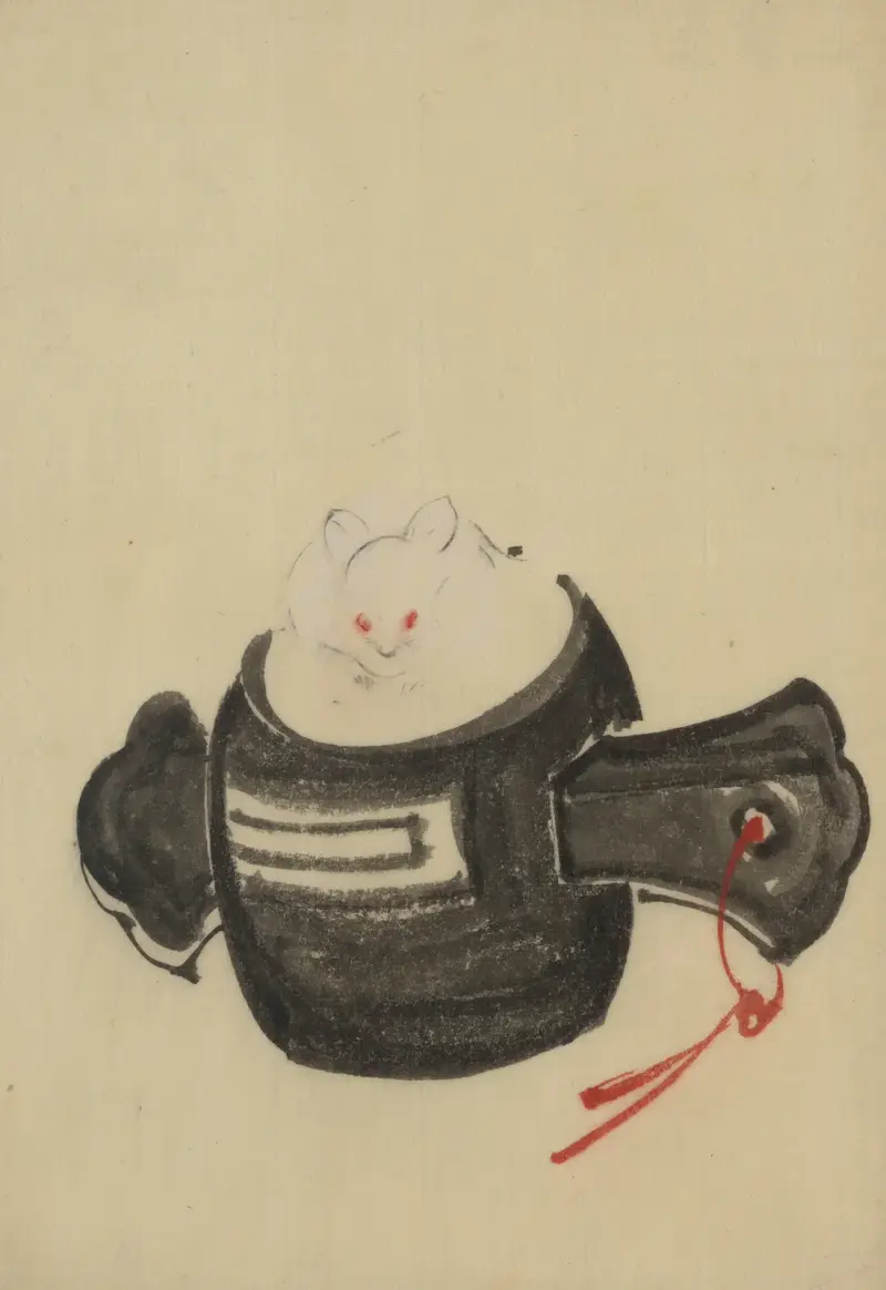 Mus framifrån, sittande på en klubba med rött band genom ett hål i skaftet av Katsushika Hokusai