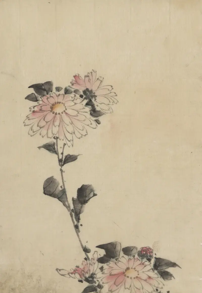 Rosa Blüten am niedrigen Stängel und zwei am hohen Stängel von Katsushika Hokusai