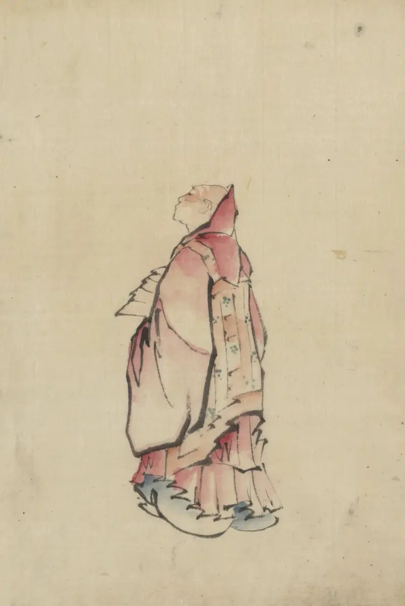 Seitenansicht eines Mönchs, Ganzfigur, nach links gewandt, in einem Gewand mit Kapuze von Katsushika Hokusai