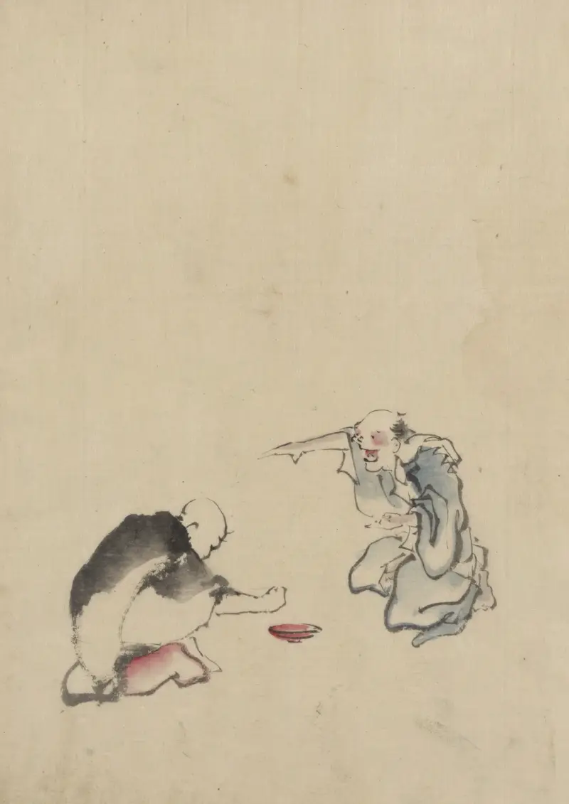 Two men playing a game or gambling, possibly involving dice of some sort av Katsushika Hokusai
