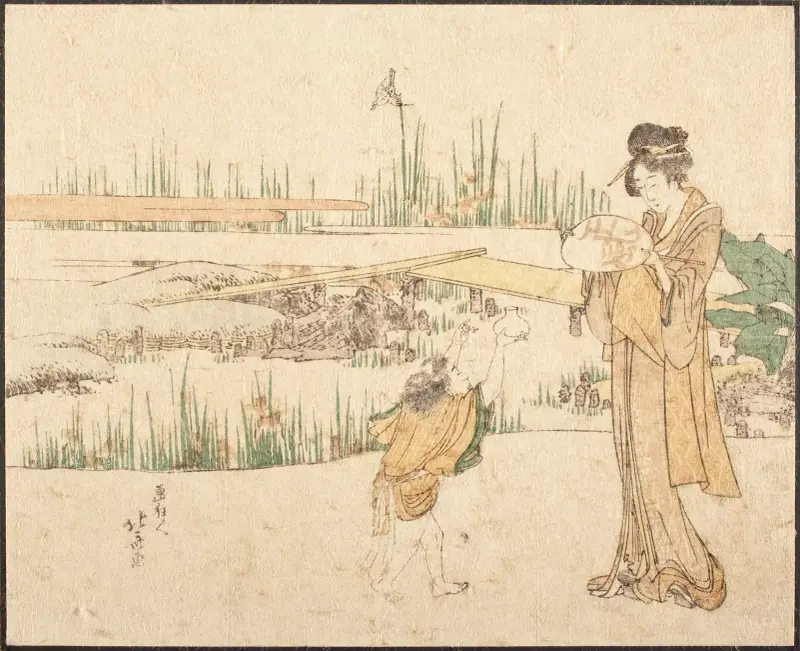 Frau und Kind in einem Garten; Fragment des Goldfischhändlers von Katsushika Hokusai