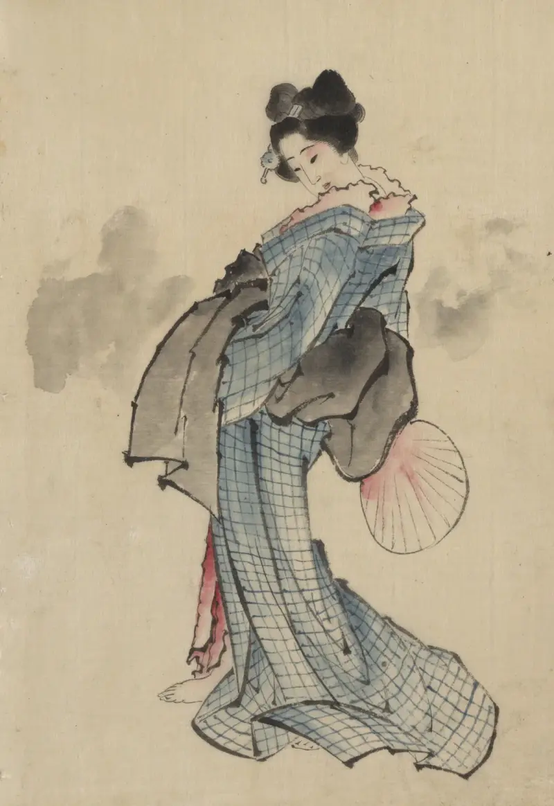 Kvinna, helfigursporträtt, stående, vänd åt vänster, håller solfjäder i höger hand, bär kimono med rutmönster av Katsushika Hokusai