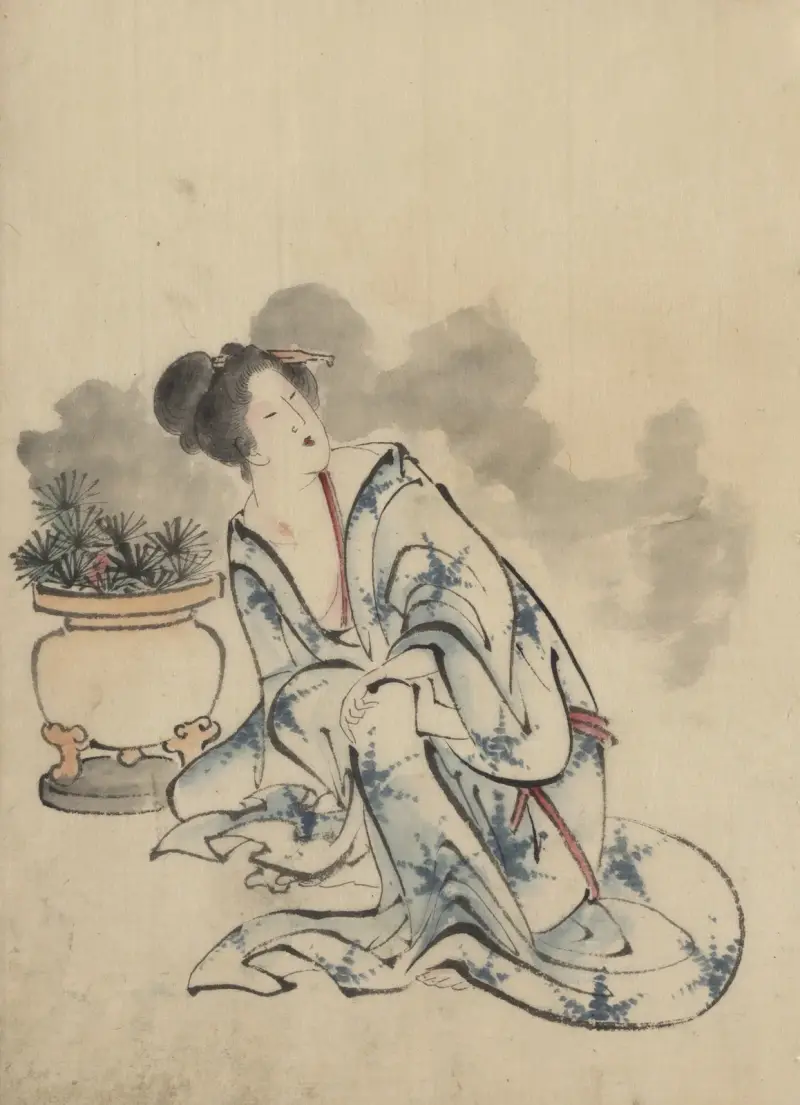 Kvinna, möjligen en kurtisan, sittande bredvid en blomkruka av Katsushika Hokusai
