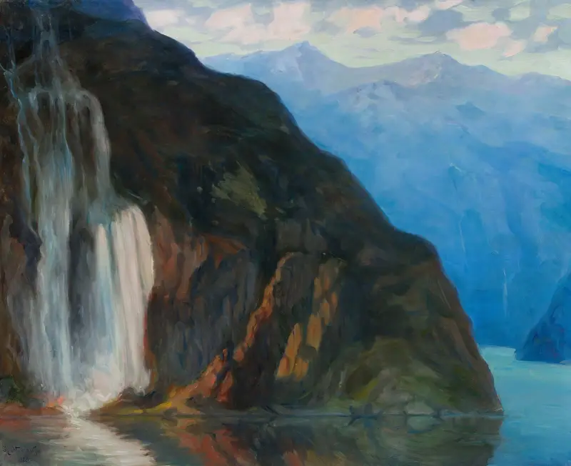 Landscape with a waterfall av Kazimierz Stabrowski