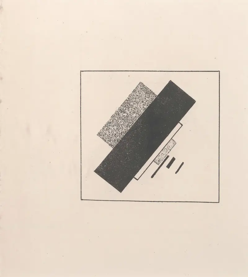 Komposition mit vier schwarzen, einem weißen und zwei grauen Elementen von Kazimir Malevich