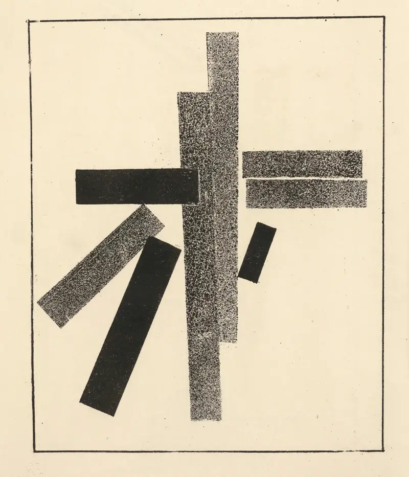 Drei schwarze und fünf graue Elemente von Kazimir Malevich