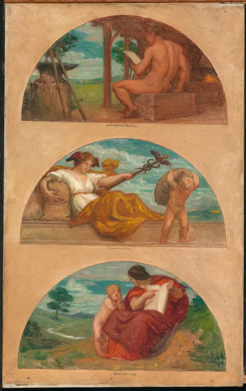 Civilisationens framsteg; Smedjan, handeln och utbildningen (studie till muralmålning, State Capitol, Des Moines, Iowa) av Kenyon Cox