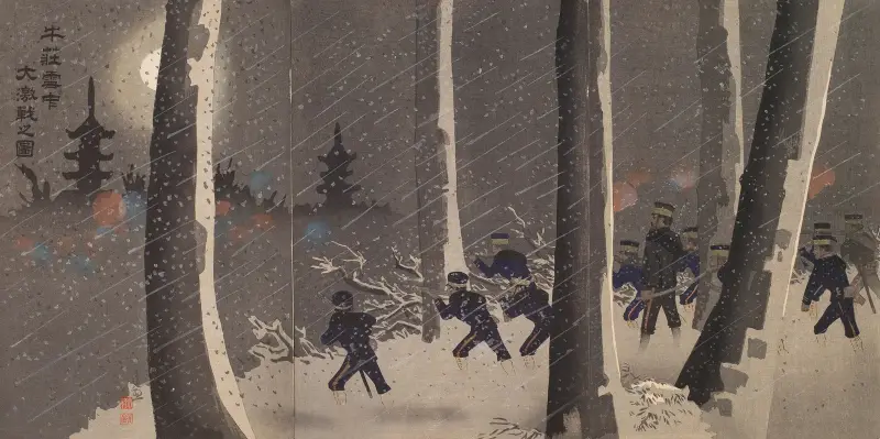 Stort våldsamt slag i snön nära Niuzhuang, 1895 – nr 2 av Kobayashi Kiyochika