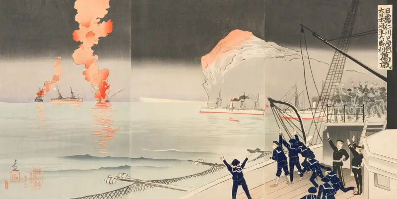 Hurra för den stora segern för Stora Japans flotta i sjöslaget vid Incheon mellan Japan och Ryssland av Kobayashi Kiyochika