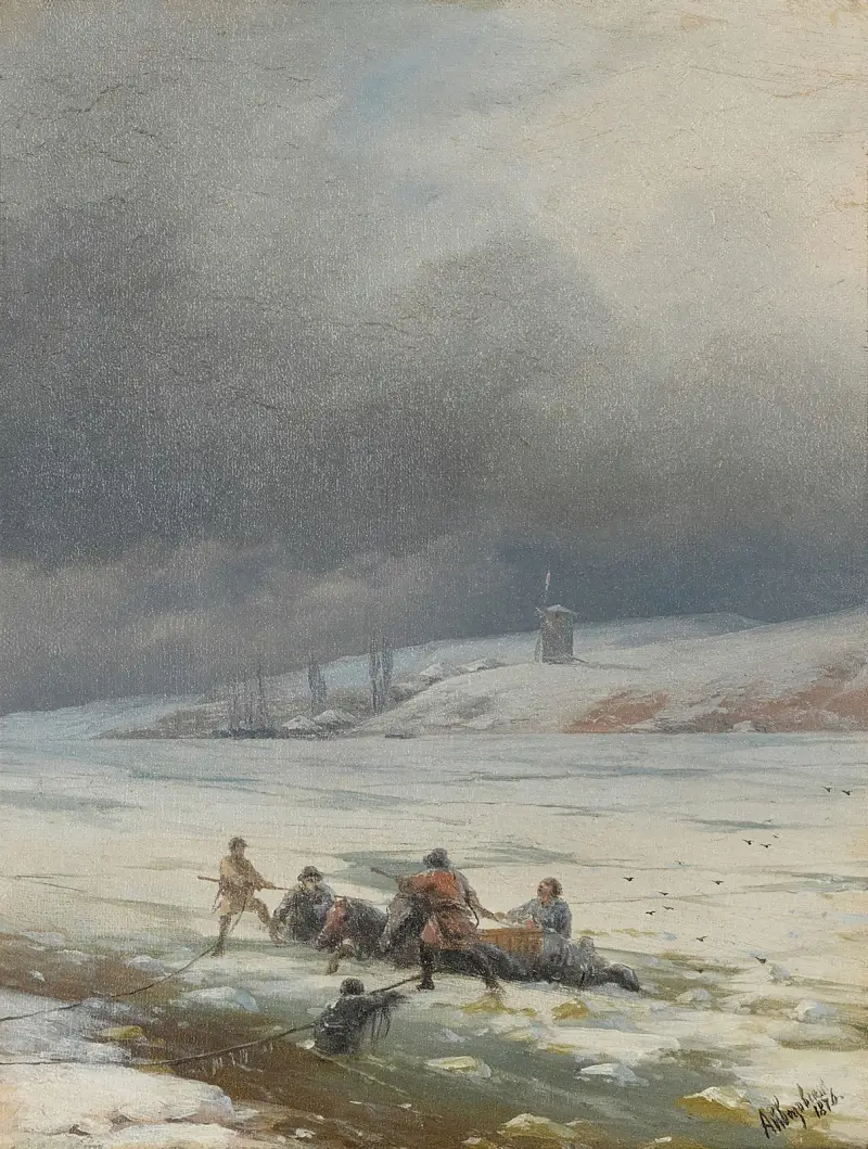 En häst och kärra dras upp ur isen av Ivan Konstantinovich Aivazovsky
