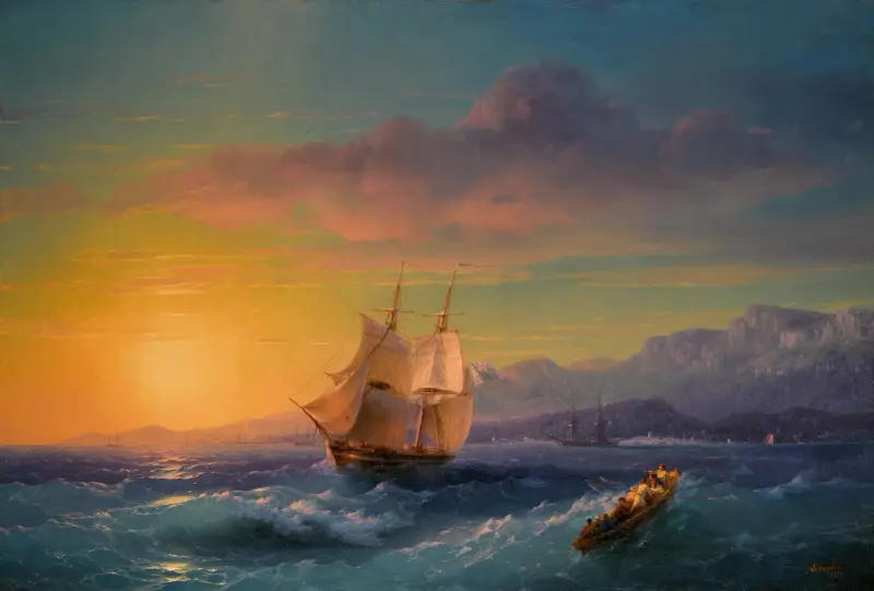 Fartyg i solnedgång utanför Cap Martin av Ivan Konstantinovich Aivazovsky