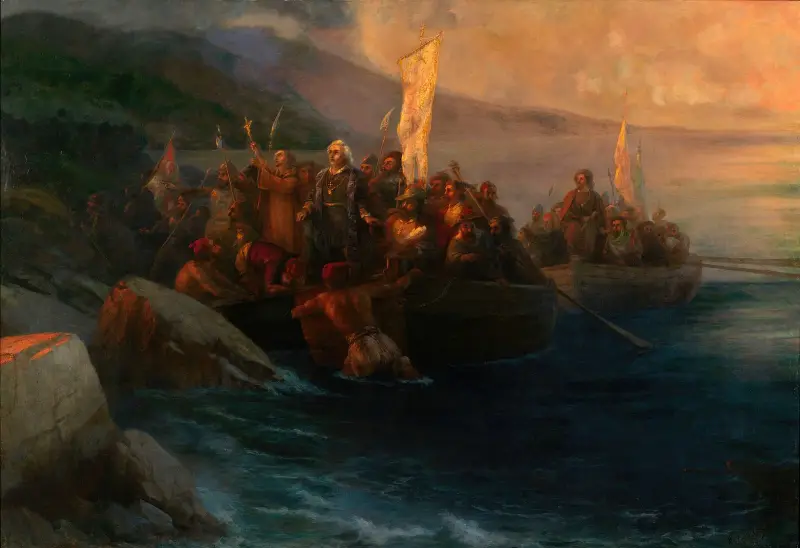 Christofer Columbus landstigning med följeslagare i tre båtar, fredagen den 12 oktober 1492, vid soluppgången, på en amerikansk ö som han samma dag gav namnet San Salvador av Ivan Konstantinovich Aivazovsky