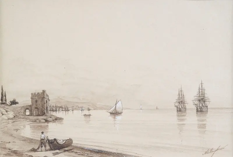 Vy över en vik med många segelfartyg av Ivan Konstantinovich Aivazovsky