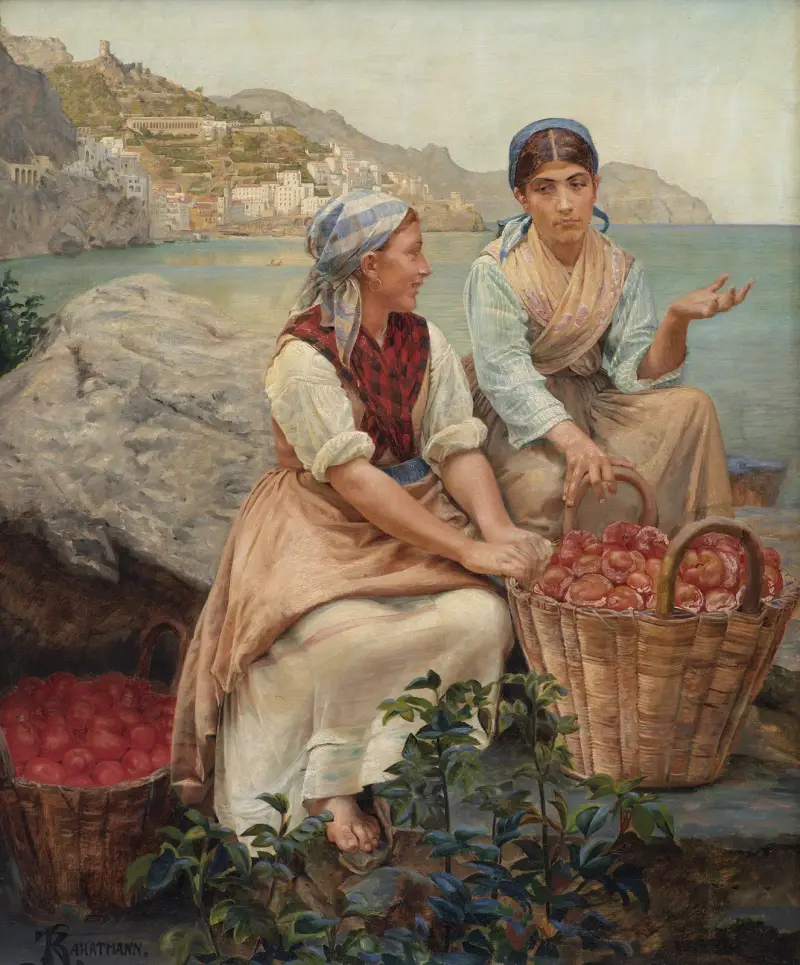 Italienische Mädchen mit Tomaten in Körben von Kristian Zahrtmann