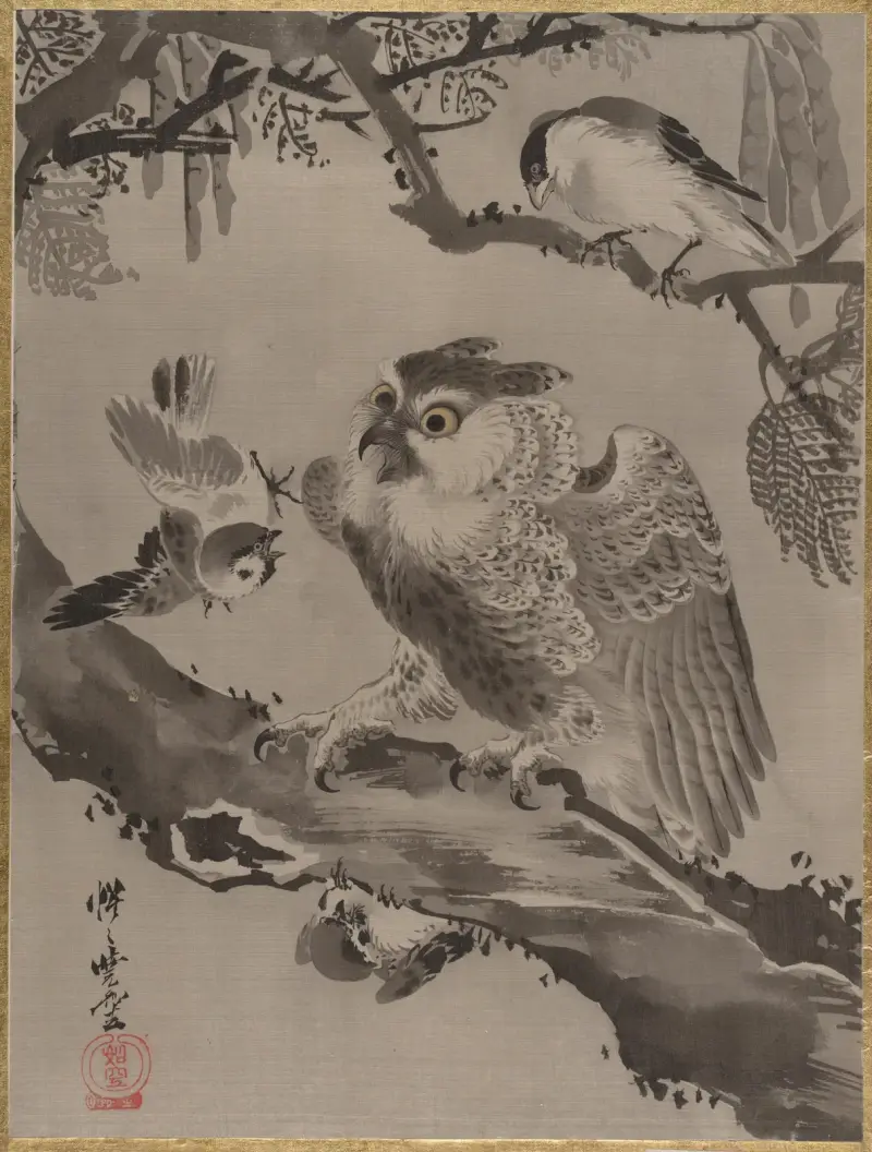 Eule, von kleinen Vögeln verspottet von Kawanabe Kyōsai