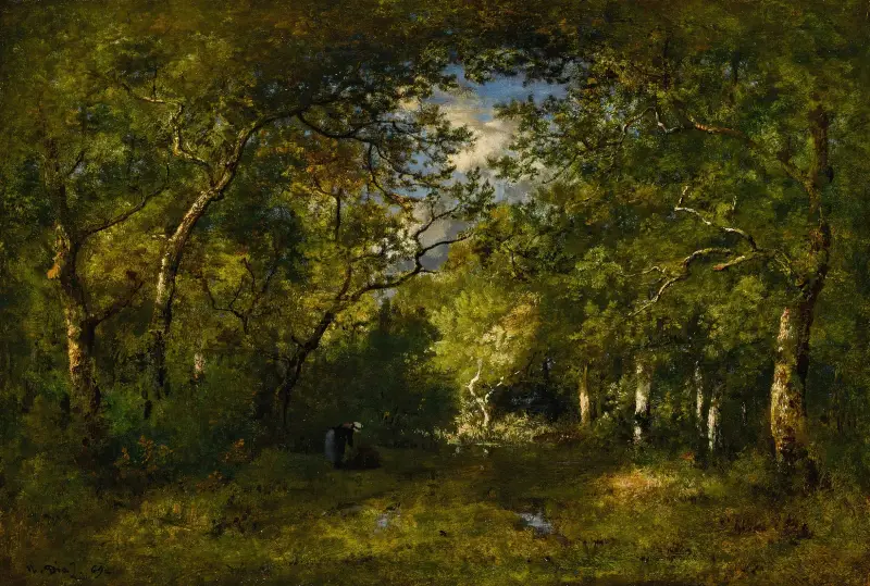 Allée En Forêt, Bûcheronne Courbée Sous Le Poids De Son Fagot, Traces D’eau av Narcisse-Virgile Diaz de La Peña