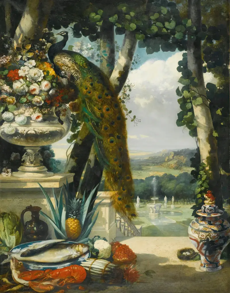 Stillleben mit Pfau, Blumen, Früchten und japanischer Vase, dahinter eine weite Parklandschaft von Narcisse-Virgile Diaz de La Peña