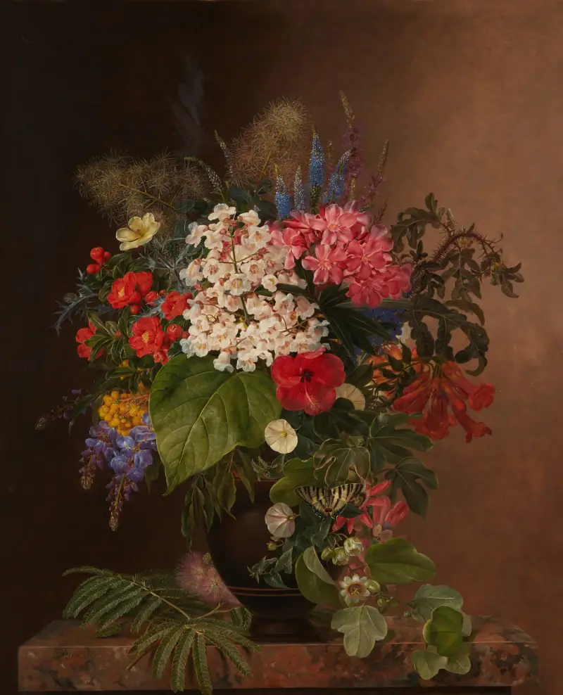 Åkervinda, lupiner, veronika och fuchsia i en vas av Johan Laurentz Jensen