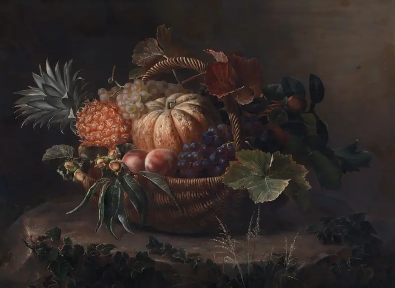 En korg med frukter på en trästubbe av Johan Laurentz Jensen