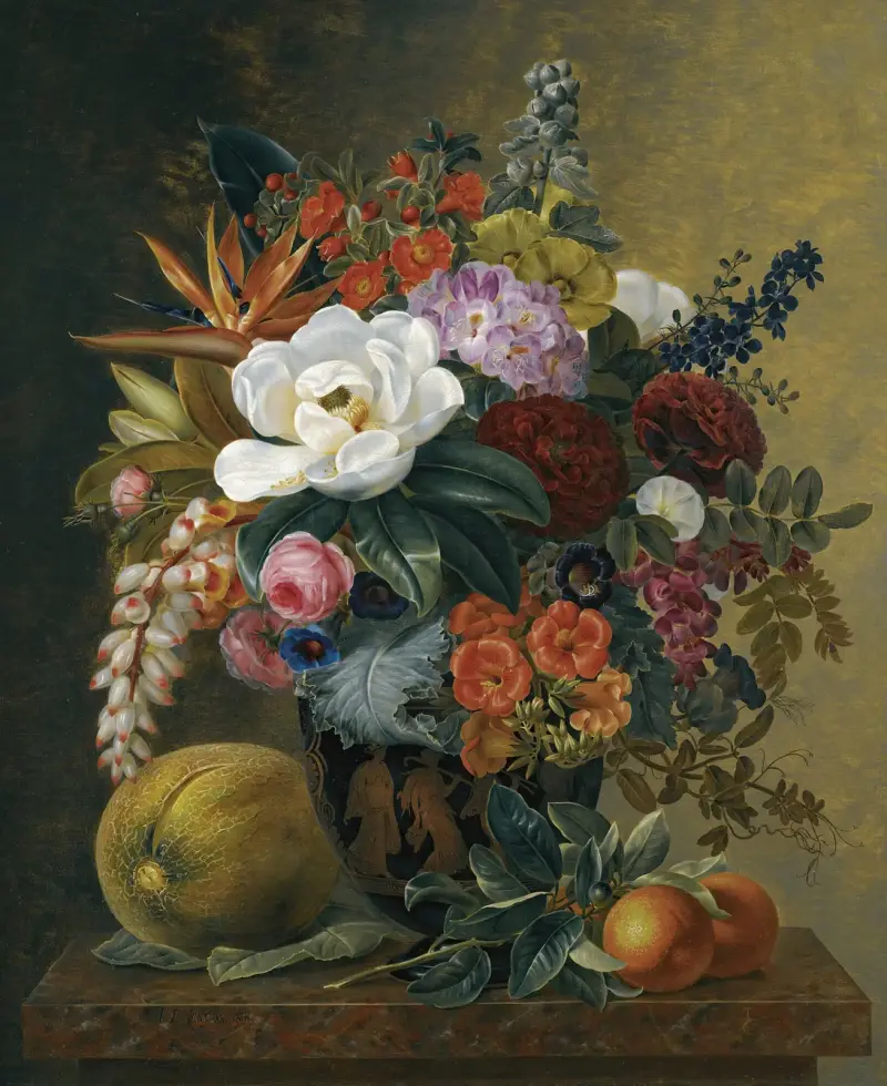 Exotiska blommor i en grekisk krater med frukt på en marmorhylla av Johan Laurentz Jensen