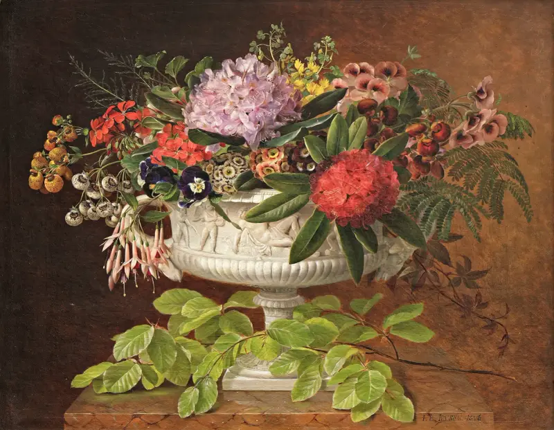 Blommor i en skål på en marmorfönsterbräda med en bokgren av Johan Laurentz Jensen