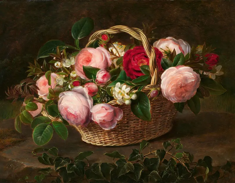 Korg med rosor och äppelblommor av Johan Laurentz Jensen