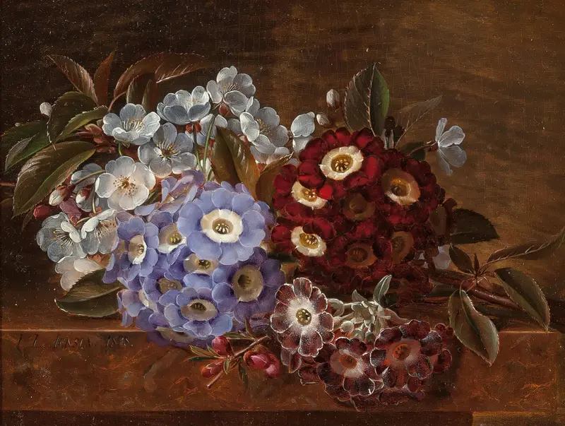 Still life with primroses on a marble ledge av Johan Laurentz Jensen