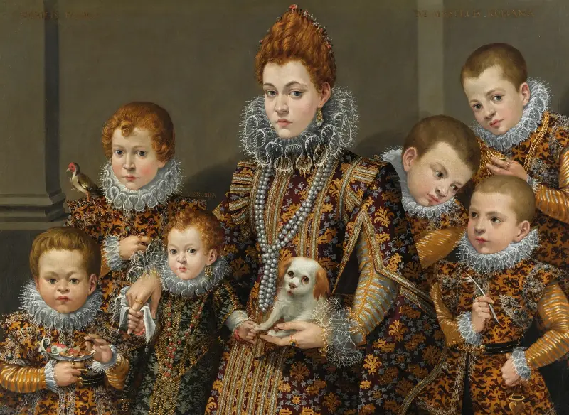 Porträtt av Bianca degli Utili Maselli med hund och sex av sina barn av Lavinia Fontana