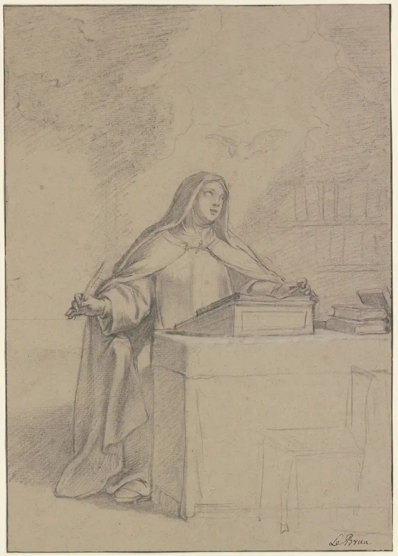 Die heilige Lucilia, vom Heiligen Geist inspiriert, an ihrem Pult schreibend von Charles Le Brun