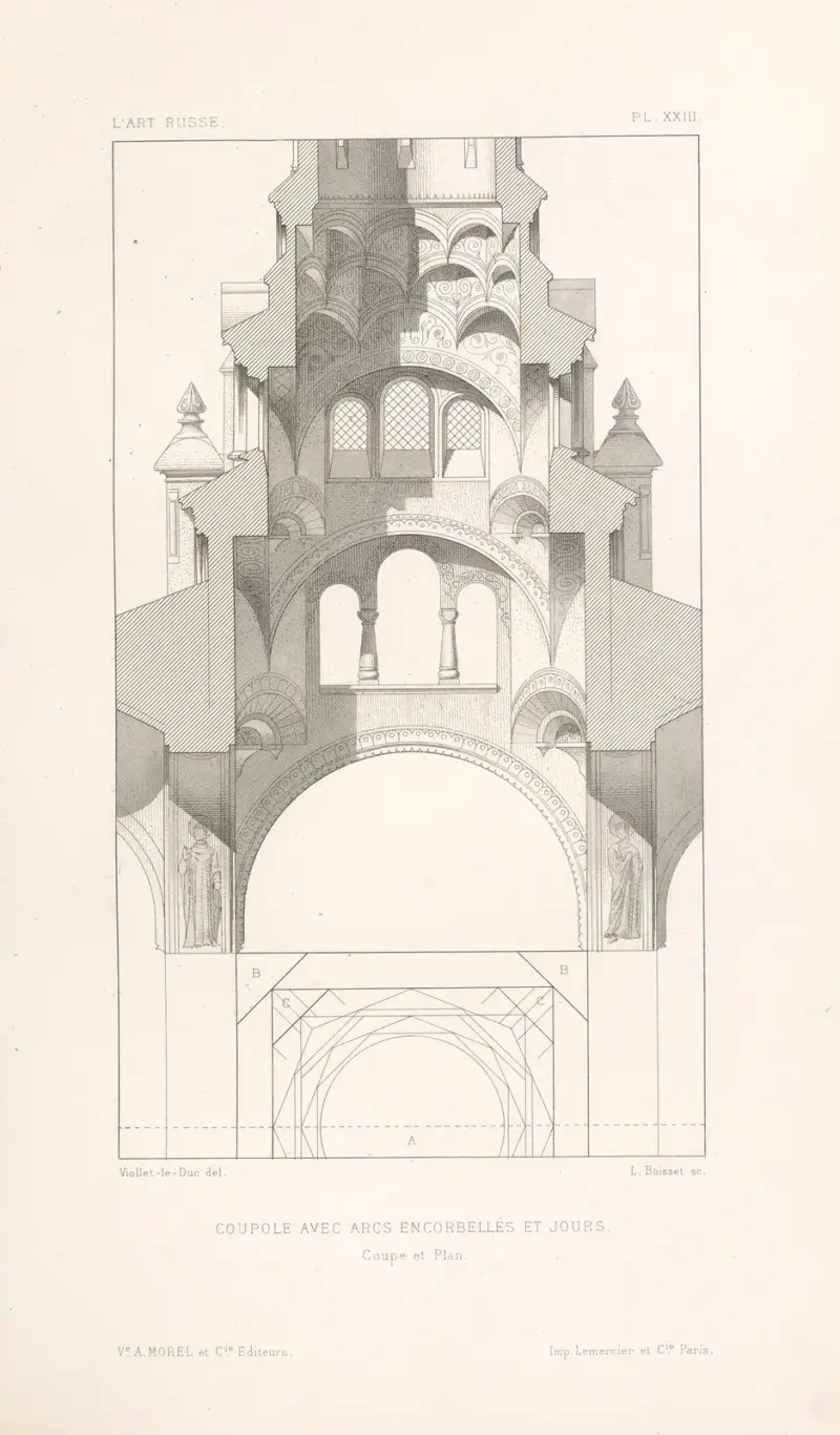 Coupole avec arcs encorbellés et jours. — Coupe et plan av Eugène-Emmanuel Viollet-le-Duc