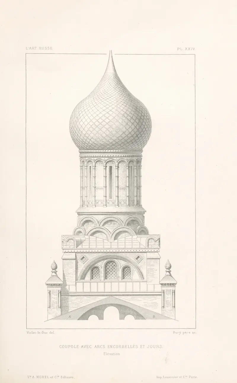 Kuppel mit auskragenden Bögen und Lichtöffnungen. — Aufriss von Eugène-Emmanuel Viollet-le-Duc