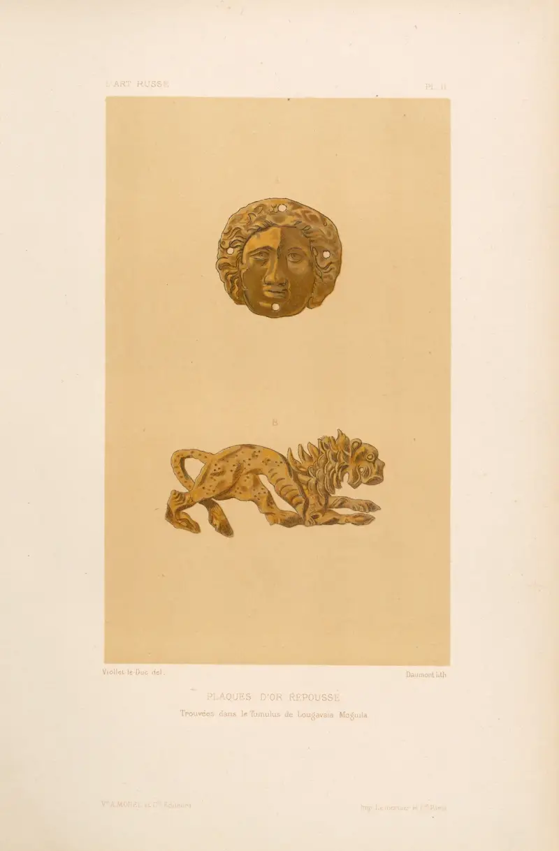 Getriebene Goldplaketten aus dem Grabhügel von Lougavaïa Moguila von Eugène-Emmanuel Viollet-le-Duc