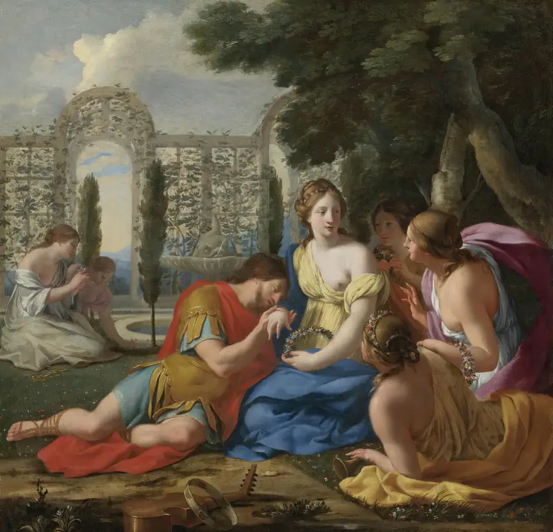Polyphilus och Polia med nymfer på Kythera av Eustache Le Sueur