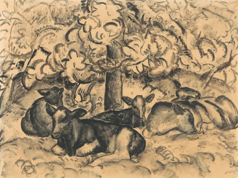 Boomgaard met kalveren av Leo Gestel