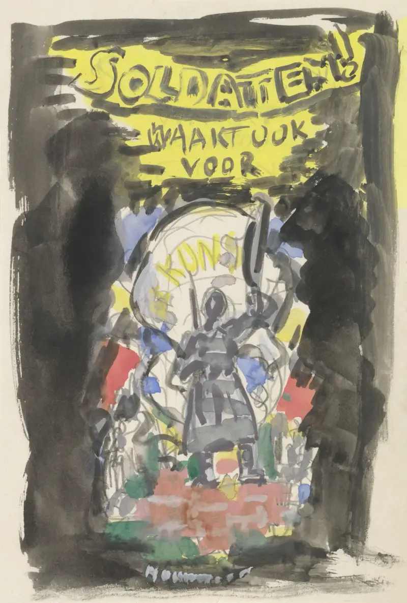 Entwurfsskizze für ein Plakat zur Propaganda des Kunstschutzes in der Armee, Skizze eines frontal gesehenen Soldaten, der auf einer Ziegelsteinmauer steht, darüber der Text „Soldaten ! waakt ook voor Kunst“ von Leo Gestel