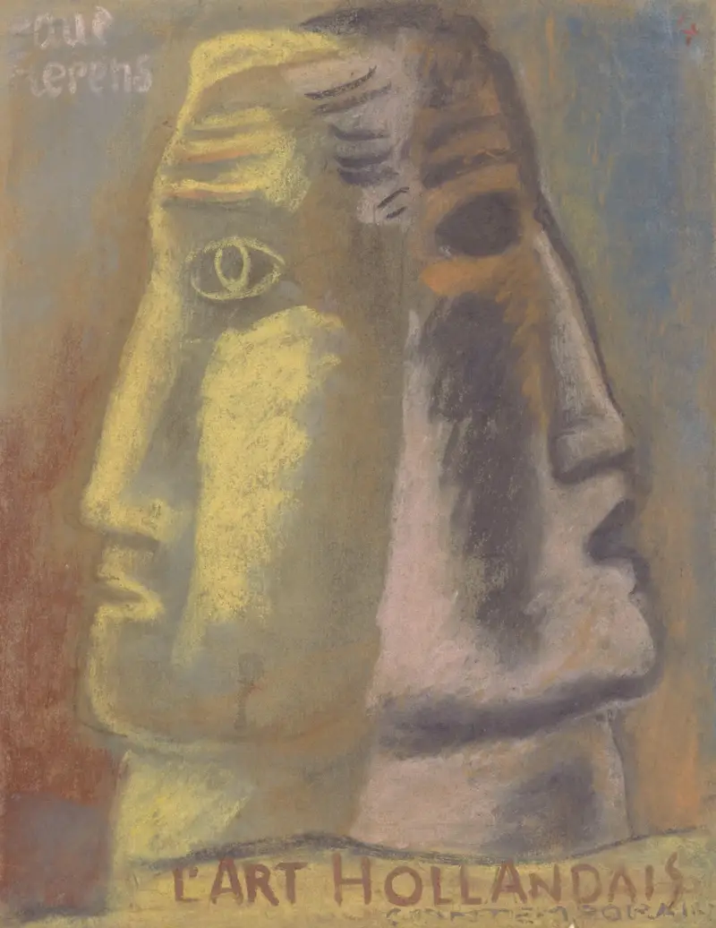 Skiss till Paul Fierens 'l'Art Hollandais contemporain'; två manshuvuden i profil, bortvända från varandra av Leo Gestel