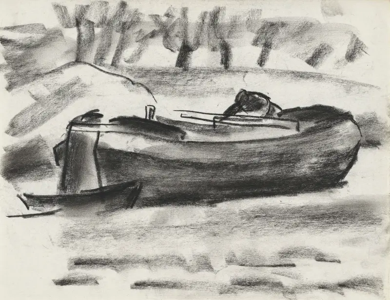Skissblad med ett fartyg med en man ombord av Leo Gestel