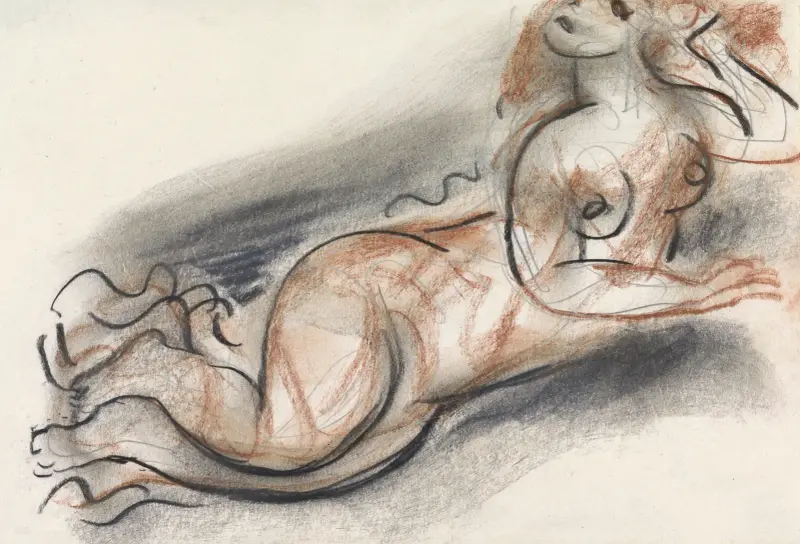 Skissblad med liggande kvinnlig nakenhet av Leo Gestel