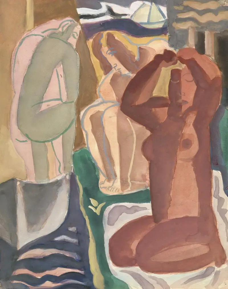 Dvě koupající se ženy a figura zezadu, Leo Gestel