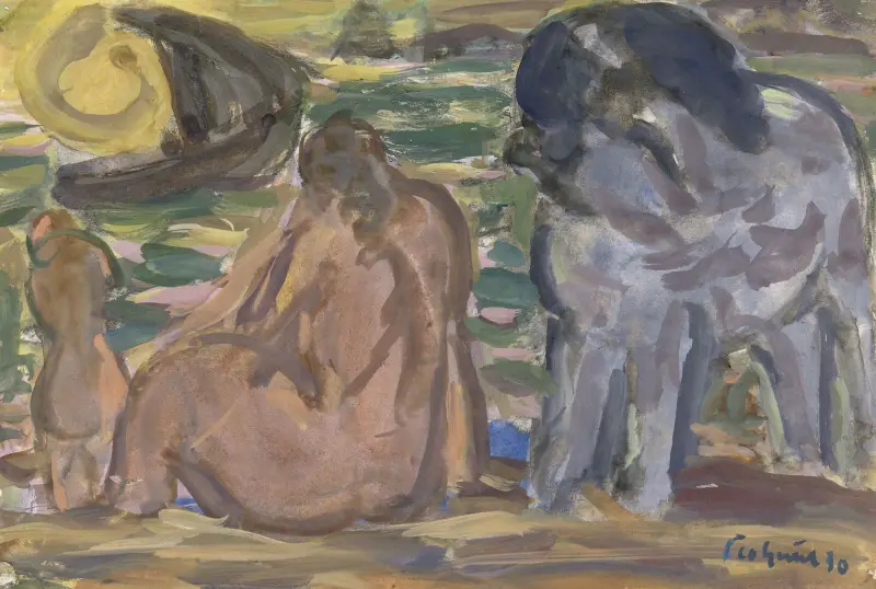 Zwei nackte Figuren und ein Pferd am Meer von Leo Gestel