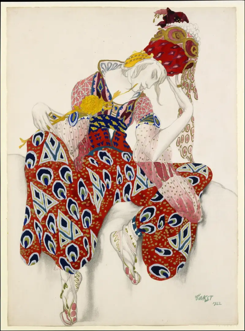 Kostymstudie för Vaslav Nijinsky i rollen som Iksender i baletten La Péri (Odödlighetens blomma) av Léon Bakst