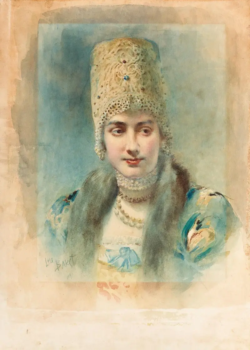 Flicka med kokosjnik och pärlhalsband av Léon Bakst